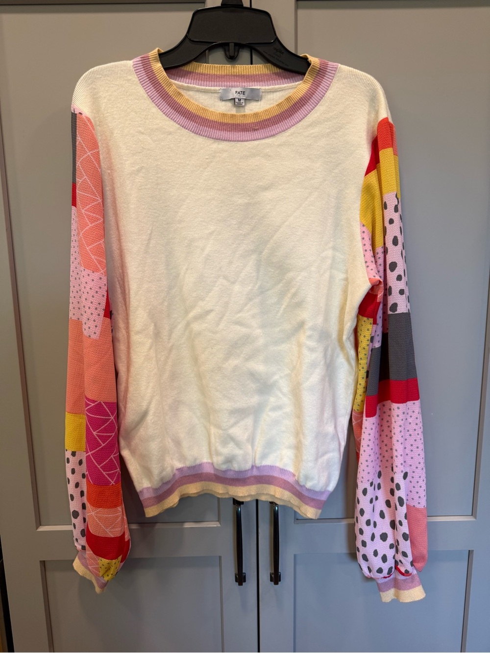 Fate Cream Pullover Sweater with Pink and Yellow Spliced Sleeves